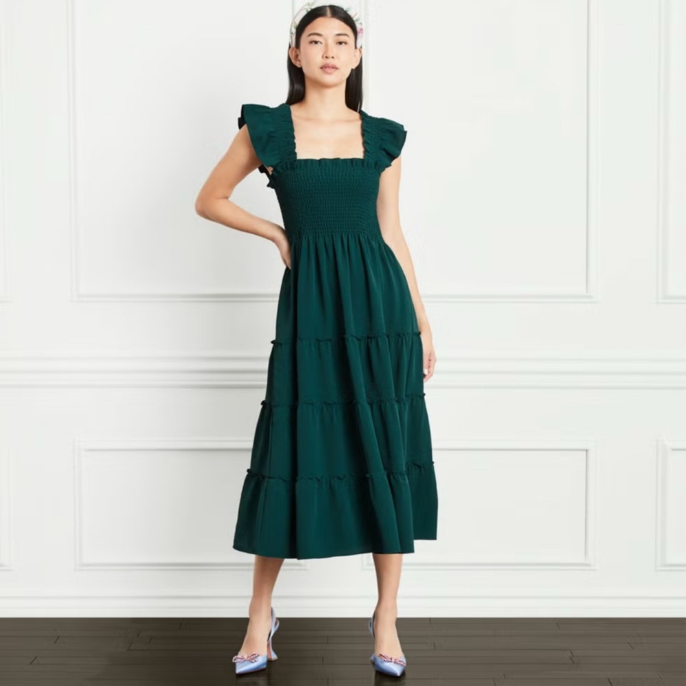Hill House Green Ellie Nap Smocked Ruffle Midi Dress (New Without Tags)